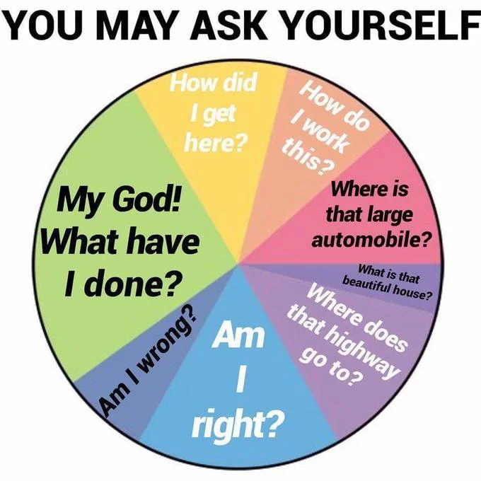 Colorful pie chart with slices labeled with introspective questions from the 'Once in a Lifetime' song lyrics.