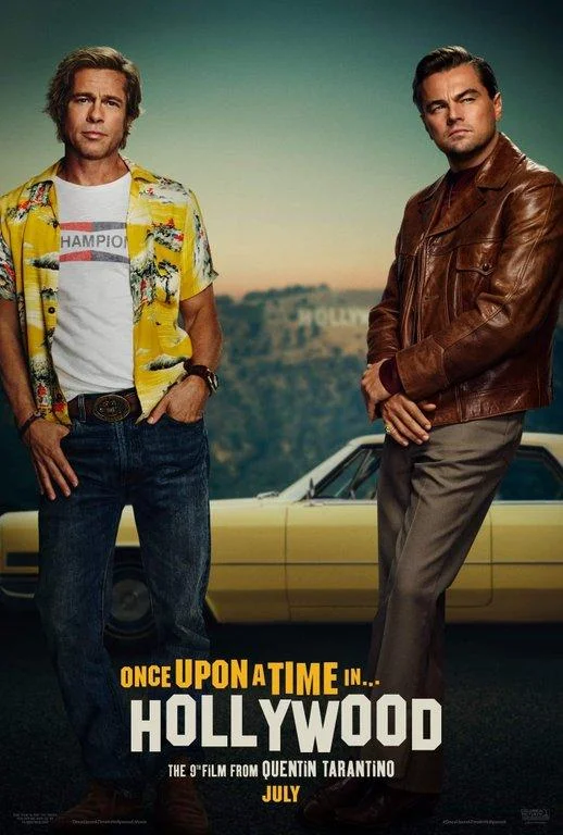 Once Upon a Time in Hollywood — Movie poster showing Brad Pitt and Leonardo DiCaprio in front of a yellow car