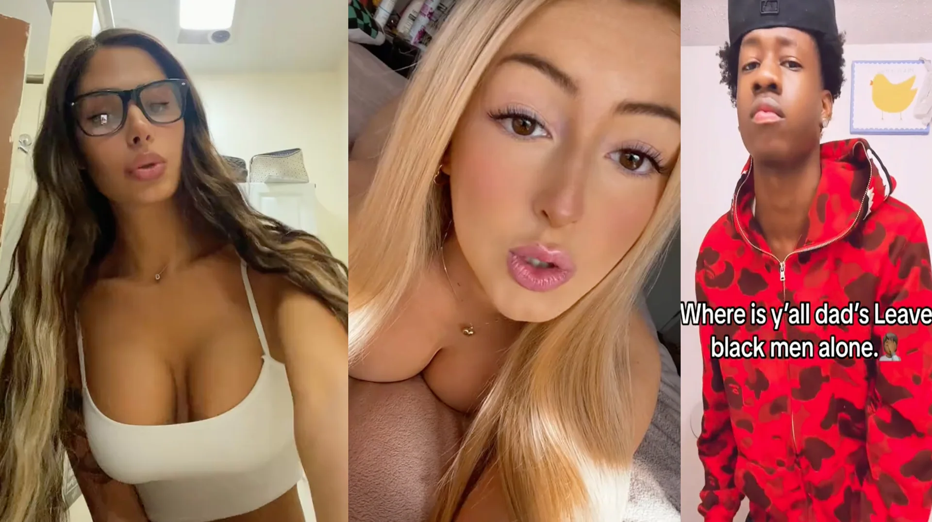 Once You Go Black You Never Go Back (TikTok Trend) — Three-panel TikTok collage with two women lip-syncing and a Black man in a red hoodie with caption about