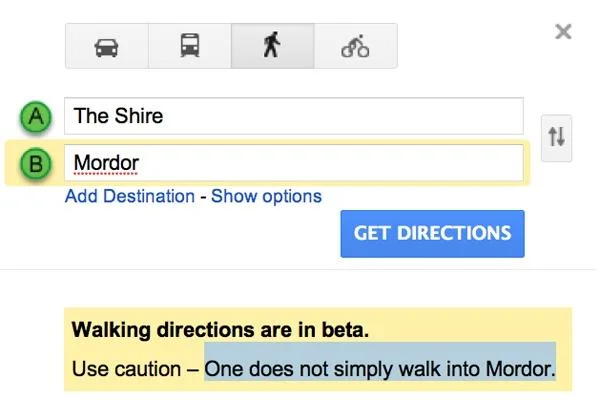 One Does Not Simply Walk Into Mordor — Google Maps walking directions from The Shire to Mordor with warning quoting the meme