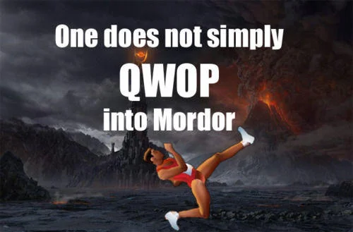 Edited Boromir in kicking pose with fire effects and 'One does not simply QWOP into Mordor' text.