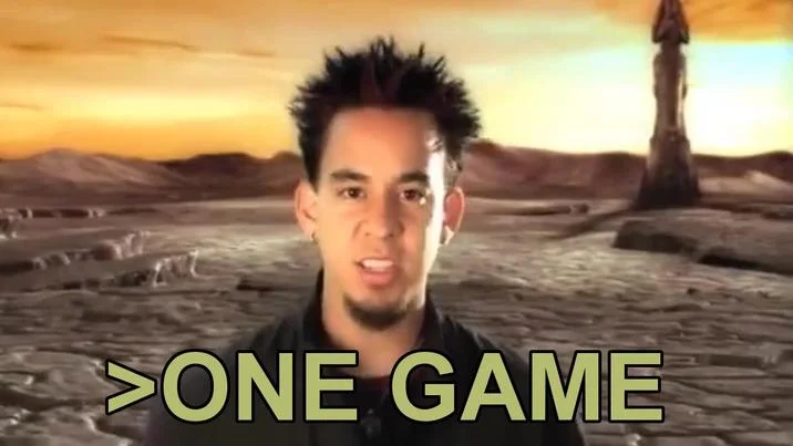 One Game Playstation Songs — Man in desert landscape with yellow-green '>ONE GAME' text at bottom.