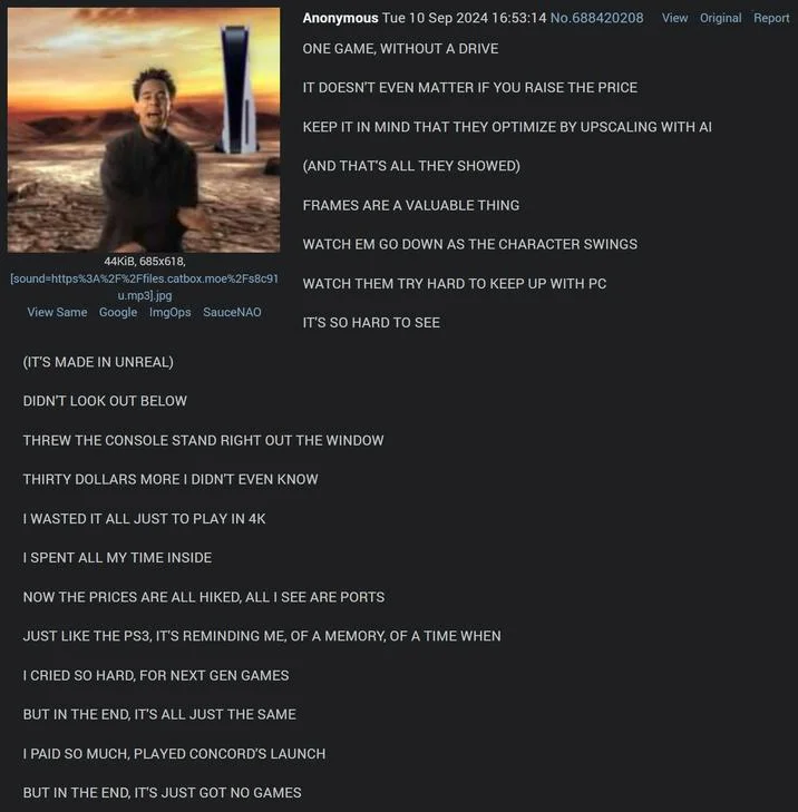 One Game Playstation Songs — Social media reply with desert landscape and extended One Game parody lyrics.
