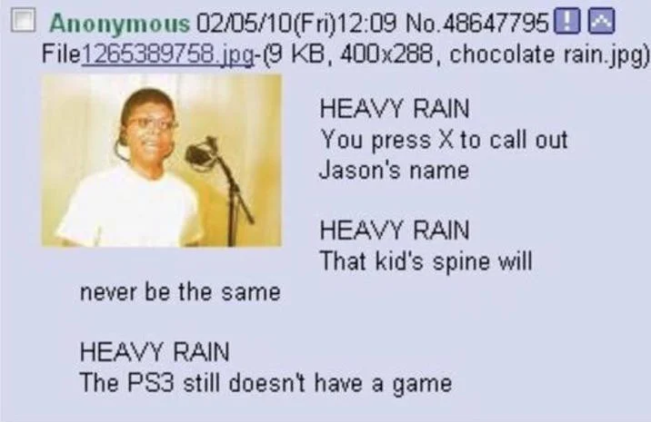 One Game Playstation Songs — Social media post with person and microphone referencing Heavy Rain and PlayStation jokes.