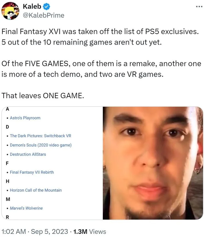 One Game Playstation Songs — Twitter post from Kaleb discussing PS5 exclusives concluding with 'That leaves ONE GAME.'