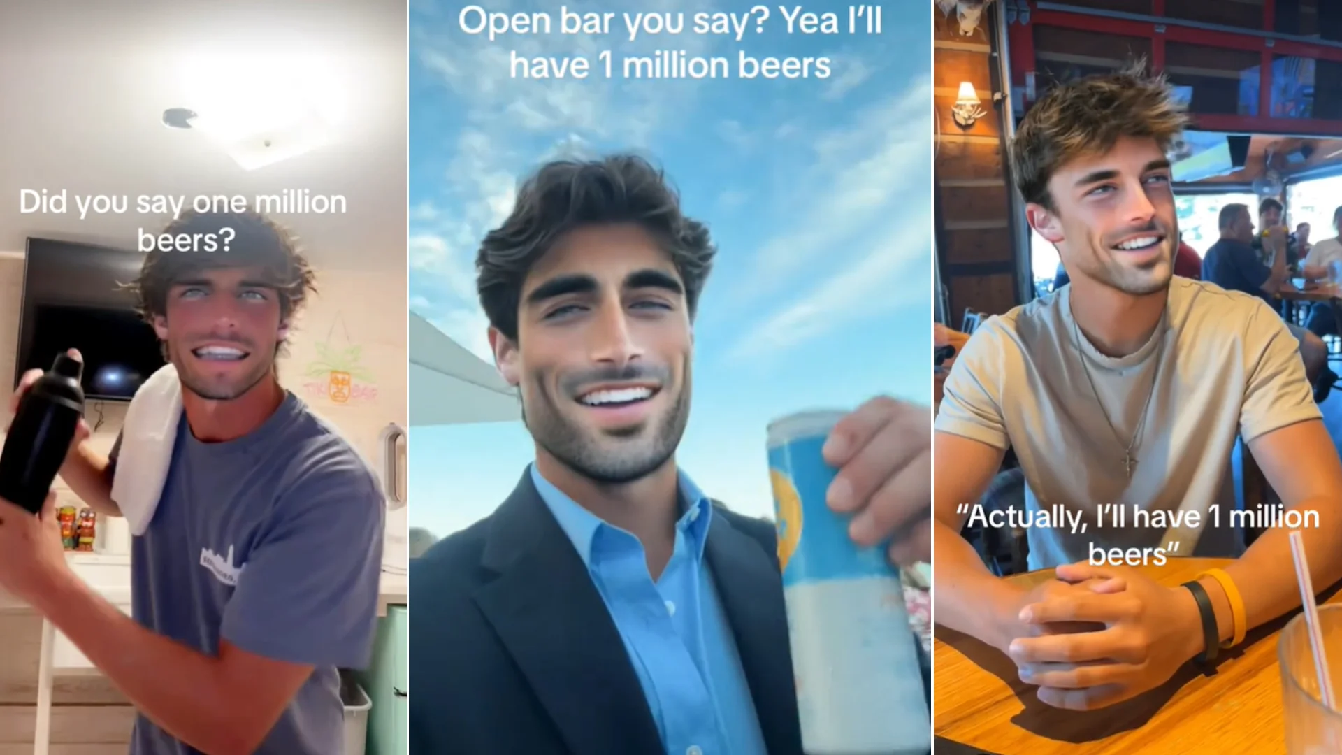 Three-panel collage of TikTok screenshots featuring a young man ordering 'one million beers' in different bar scenes.