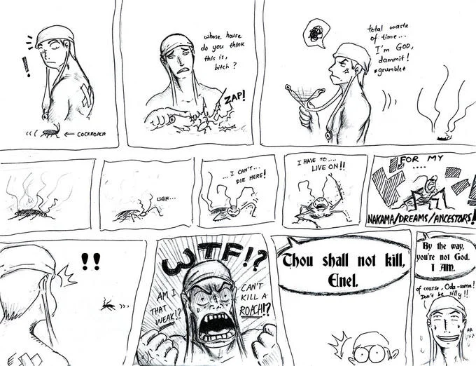 Fan-made comic of Enel from One Piece failing to kill a cockroach