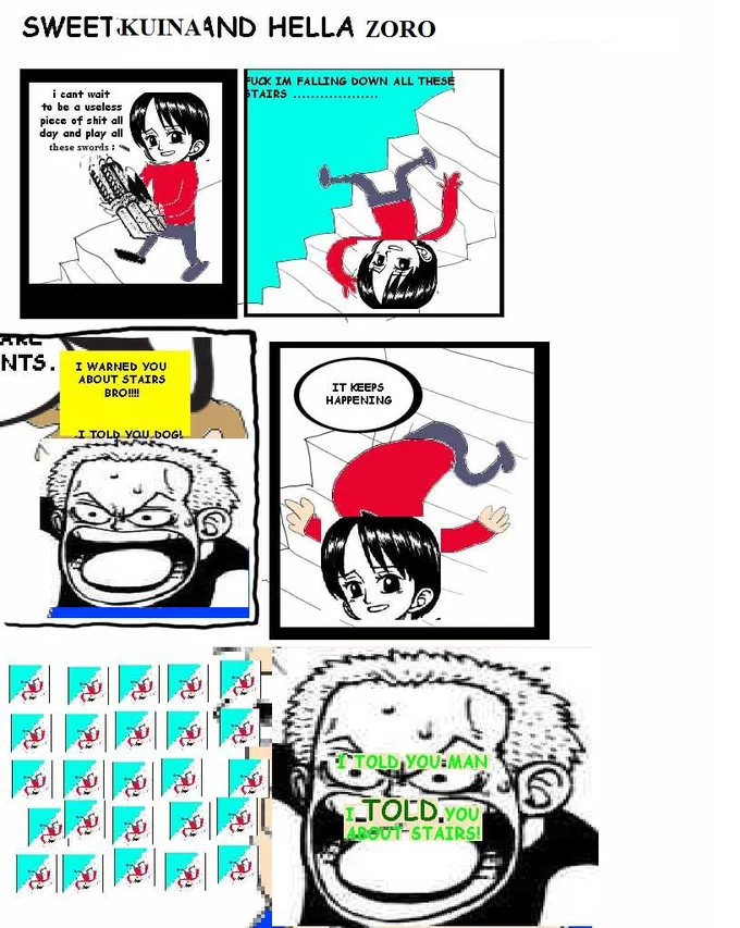One Piece — MS Paint meme comic titled Sweet Kuina and Hella Zoro about falling down stairs