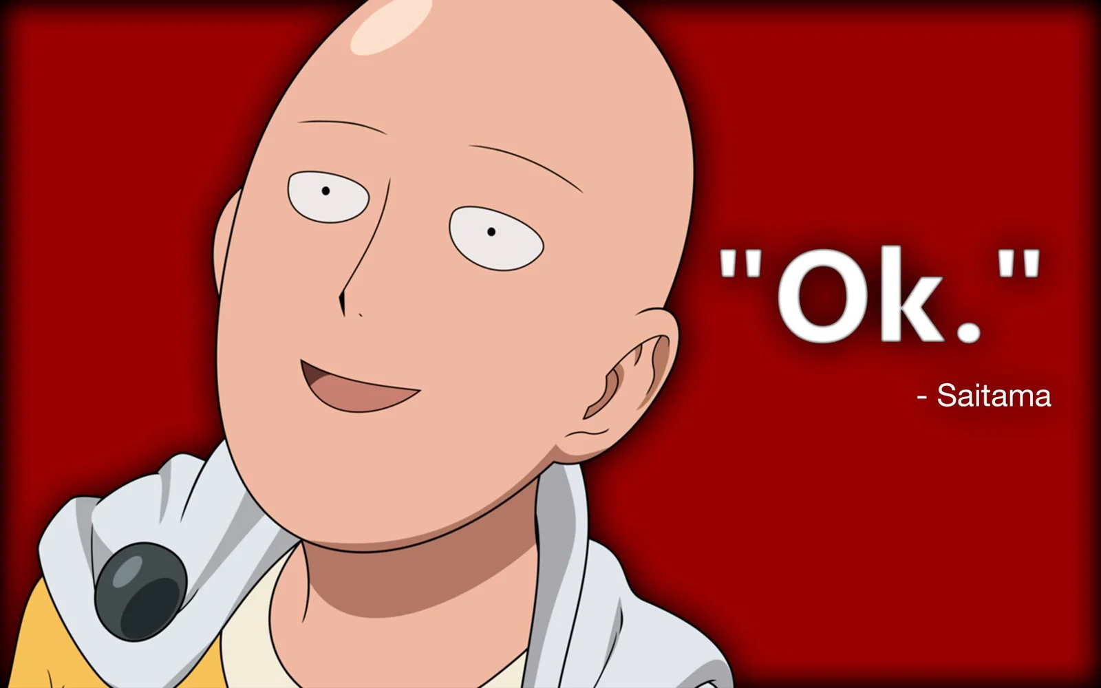One Punch Man OK — Saitama on red background with slight smile and 'Ok.' text with attribution.