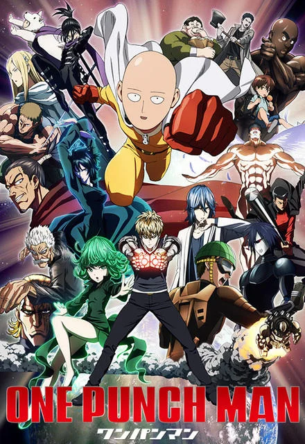 One-Punch Man — Official ONE PUNCH MAN anime poster with Saitama punching, surrounded by main cast