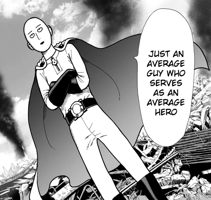 One-Punch Man — Manga panel of Saitama in cape standing on rubble delivering his 'average hero' line