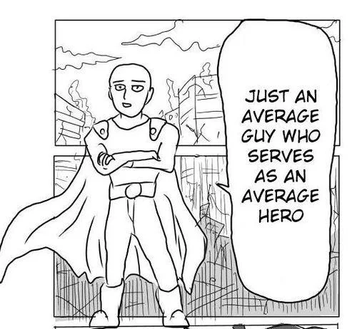 One-Punch Man — Rough black-and-white redraw of Saitama saying 'Just an average guy who serves as an average hero'