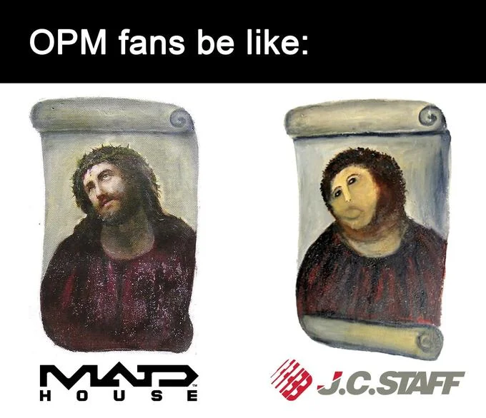 Ecce Homo meme comparing Madhouse and J.C. Staff versions of One-Punch Man