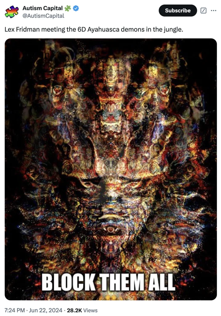 Oneshotted By A 6D Mesoamerican Ayahuasca Demon — Tweet showing a dark, ornate psychedelic 6D ayahuasca demon captioned 'Lex Fridman meeting the demons in the