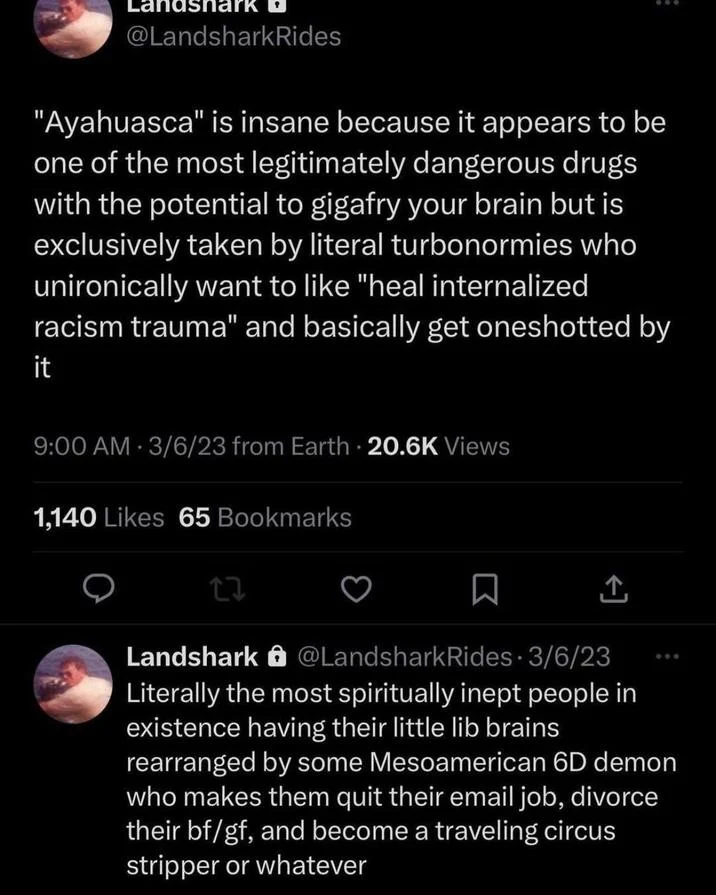 Oneshotted By A 6D Mesoamerican Ayahuasca Demon — Screenshot of Landshark tweet from 2023 describing normies being 'oneshotted' by a Mesoamerican 6D demon