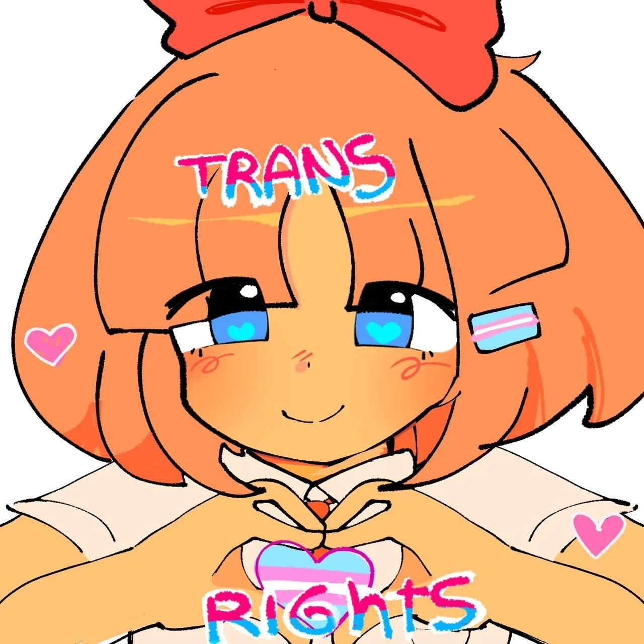 Fan art of Koko from Ongezellig making a heart gesture with 'TRANS RIGHTS' text and trans pride flag