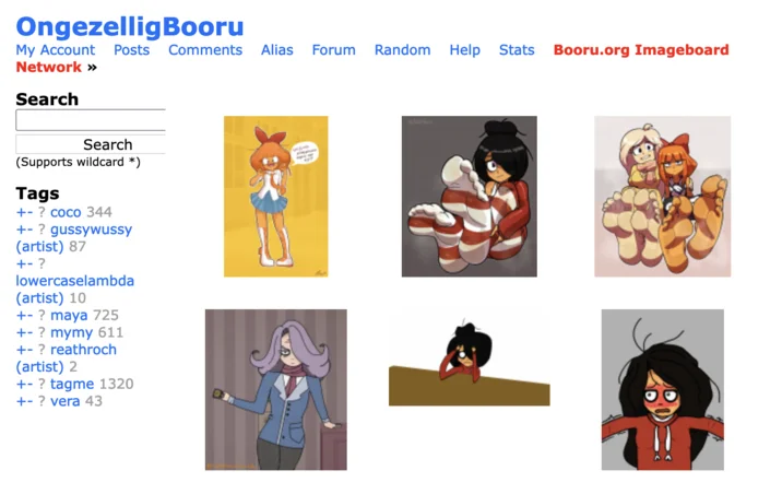 Screenshot of the OngezelligBooru imageboard with fan art thumbnails and tag list