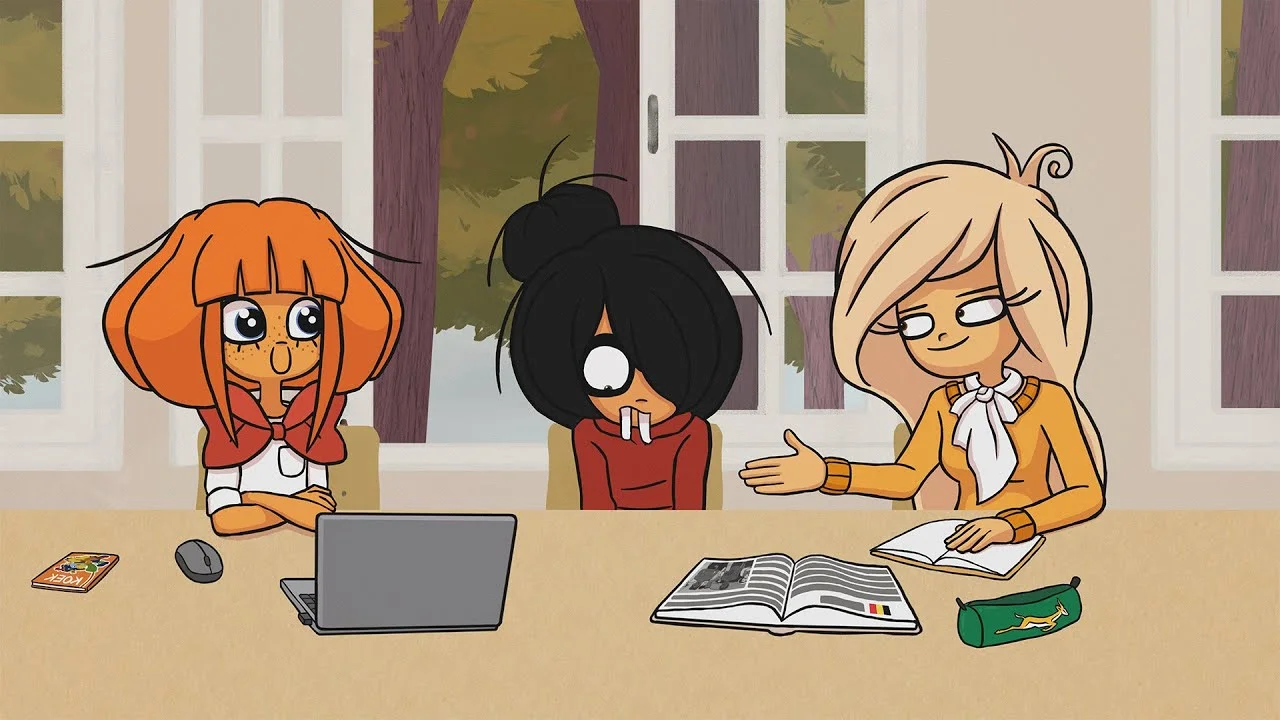 Three animated Ongezellig characters with orange, black, and blonde hair sitting together at a table with a laptop and books