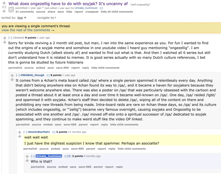 Reddit thread screenshot discussing the ongezellig and soyjak meme connection and 4chan /qa/ history