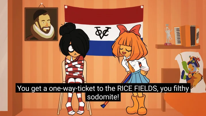 Ongezellig scene with Mymy tied up and Zus speaking in front of a VOC flag with subtitle about rice fields
