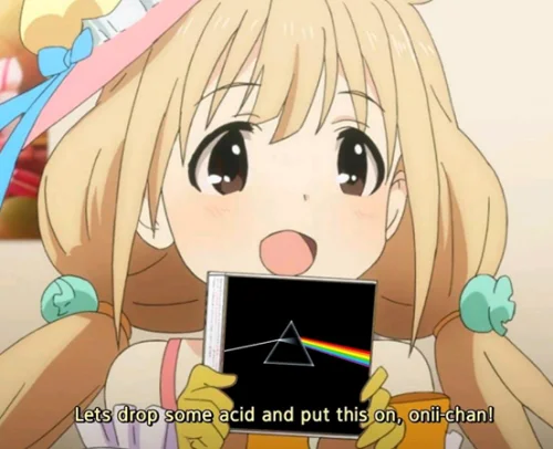 Anime girl holding a Dark Side of the Moon album, subtitle 'Lets drop some acid and put this on, onii-chan!'