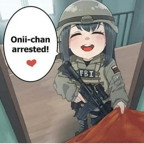 Chibi anime girl in FBI gear holding a rifle with a speech bubble saying 'Onii-chan arrested!'