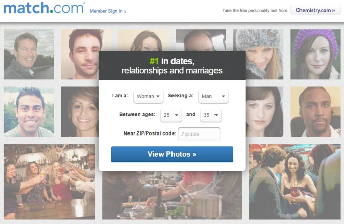 Online Dating — Screenshot of the Match.com dating website homepage with signup form