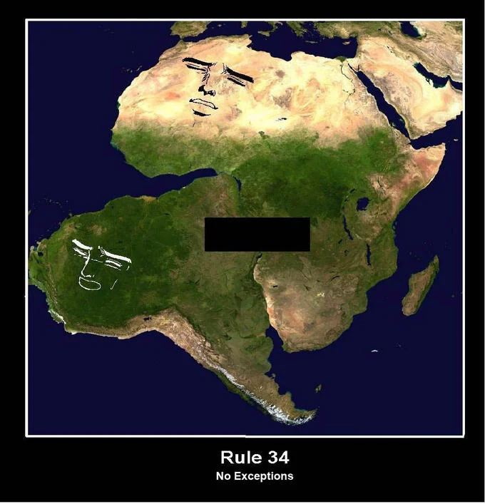 Online Pornography — Africa and South America shaped like faces with a censor bar and 'Rule 34 No Exceptions' caption