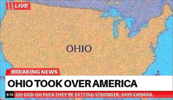 Only in Ohio — Breaking news graphic with USA map showing 'OHIO TOOK OVER AMERICA' text.