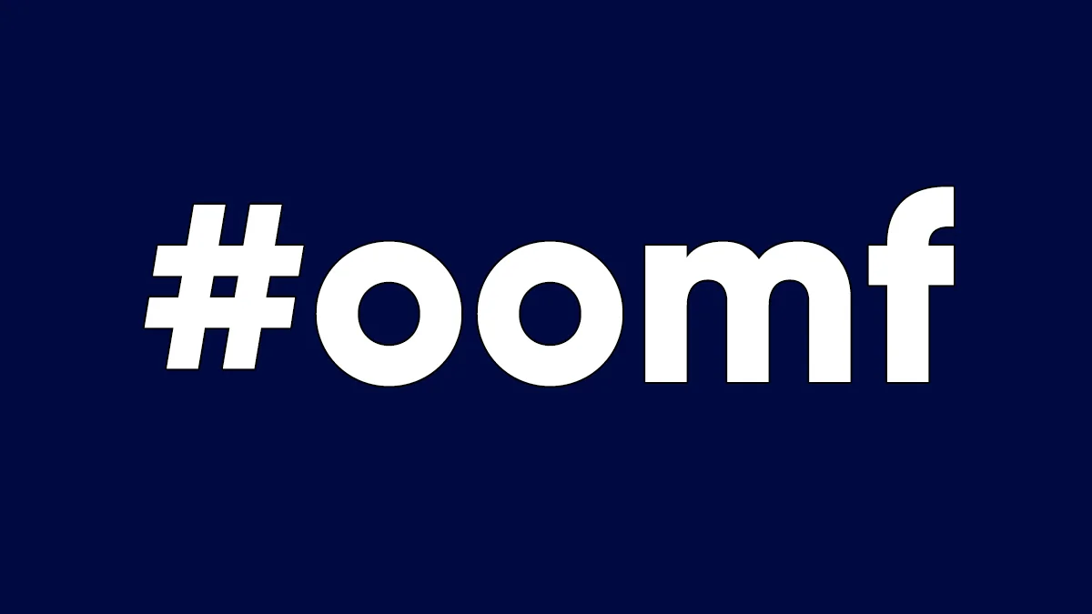 Navy blue banner with white bold text reading hashtag oomf
