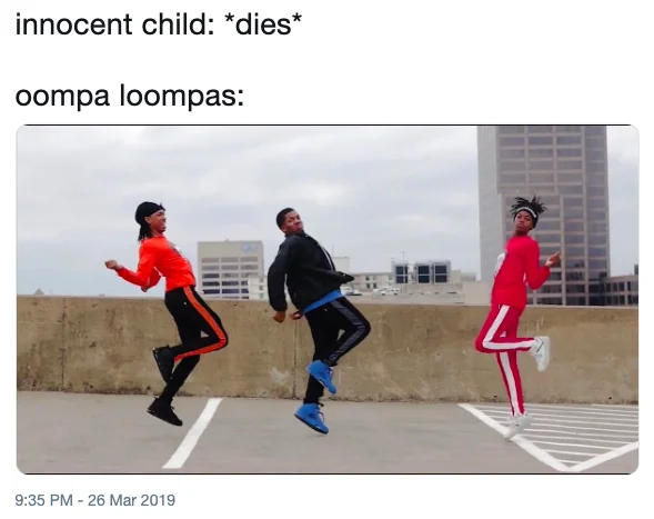 Oompa Loompas Celebrating — Three dancers in tracksuits performing a viral hip-hop dance as Oompa Loompas