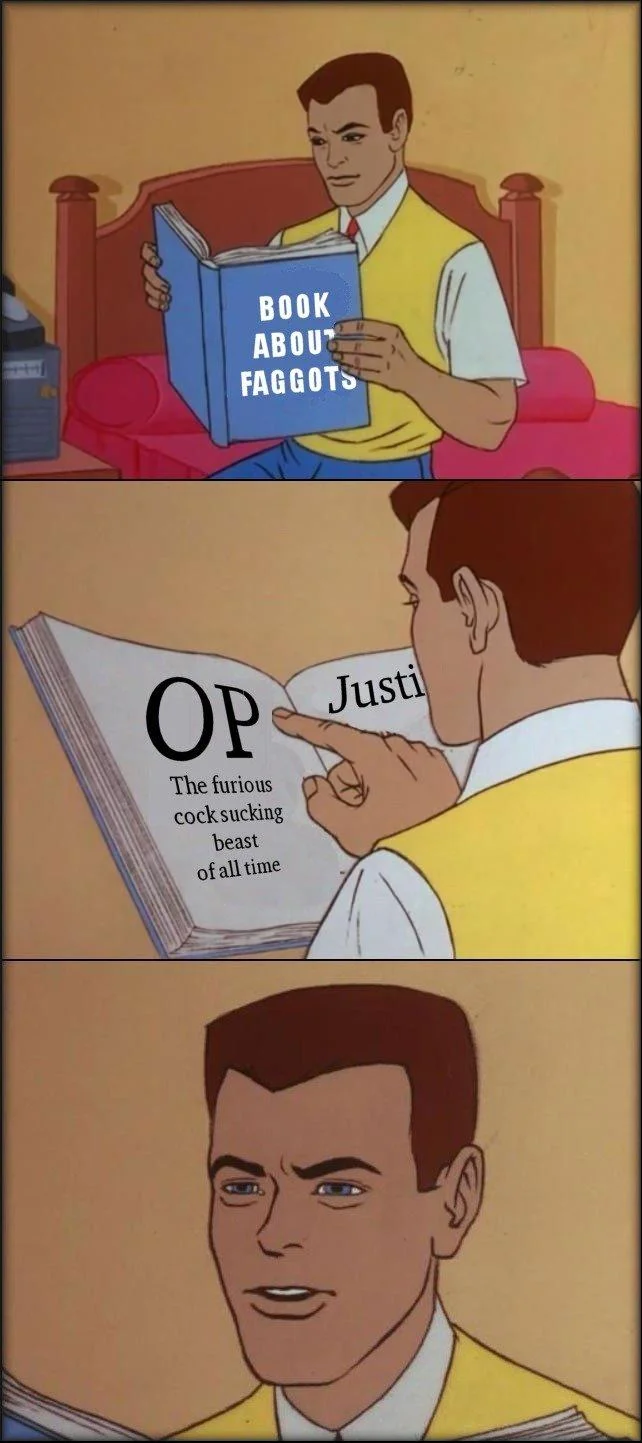 OP is a Faggot — Three-panel Spider-Man cartoon meme reading a 'Book About Faggots' and finding OP's entry.