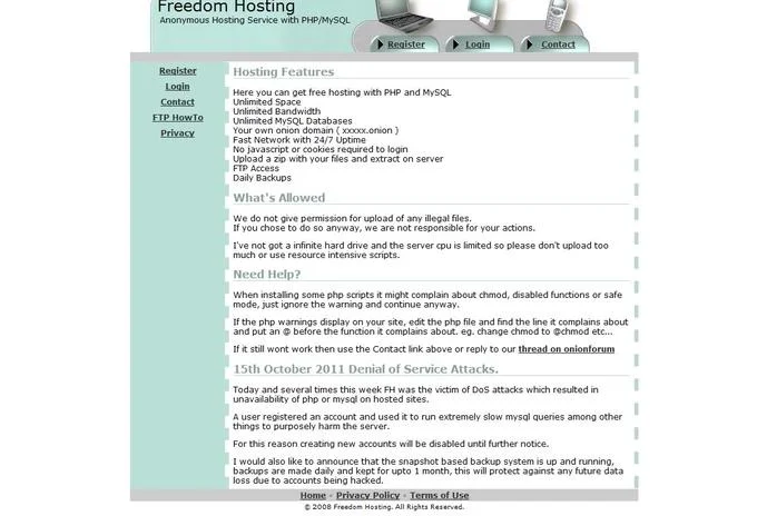 Operation Darknet — Screenshot of Freedom Hosting website with hosting features and DoS notice