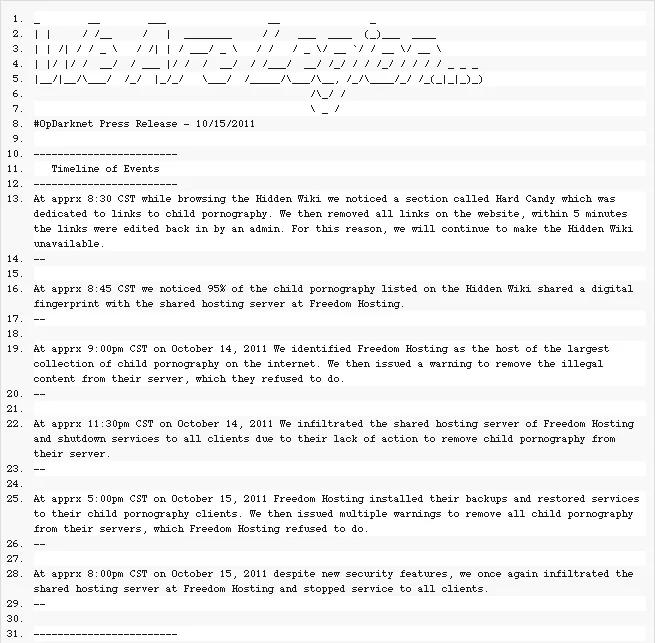 Operation Darknet — Text of the OpDarknet press release timeline of events from October 2011