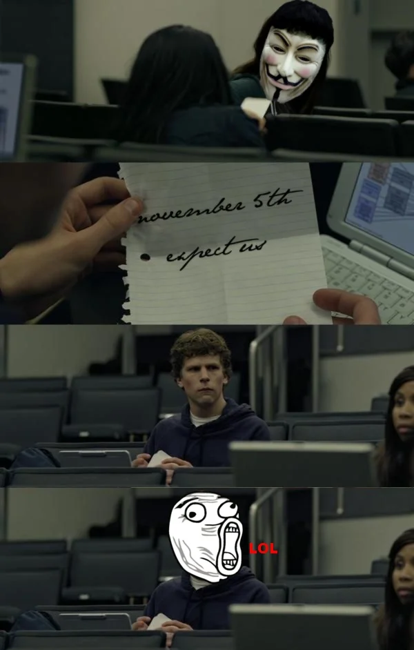 Operation Facebook — Social Network parody meme with November 5th expect us note and LOL face reaction