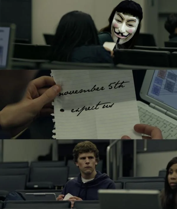 Operation Facebook — Social Network parody meme with Guy Fawkes mask and handwritten note reading November 5th expect us