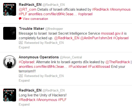 Operation Israel — Twitter screenshot of RedHack and Anonymous accounts posting OpIsrael leaks
