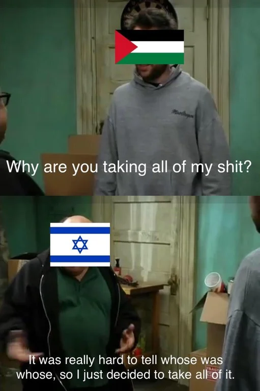 Operation Israel — Two-panel Always Sunny meme with Palestinian and Israeli flags over characters