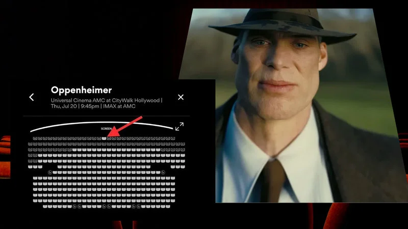 Oppenheimer Front Row Seats — Composite meme with IMAX seating chart highlighted and Oppenheimer character portrait.