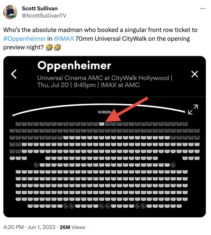 Oppenheimer Front Row Seats — Twitter screenshot asking about front row Oppenheimer ticket with IMAX seating chart highlighted.