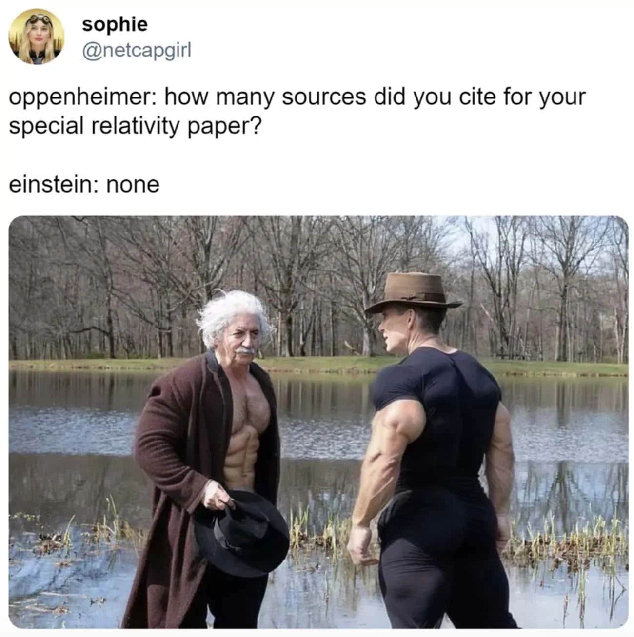 Oppenheimer Memes — Twitter post comparing Oppenheimer and Einstein with humorous citation sourcing caption.