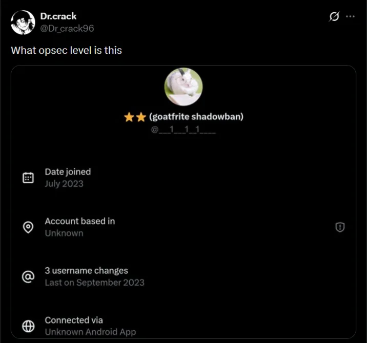 Tweet asking 'What opsec level is this' with a screenshot of an anonymous X account profile