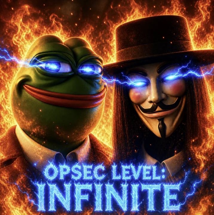 Pepe and Guy Fawkes figures with glowing eyes and flames captioned OPSEC LEVEL INFINITE