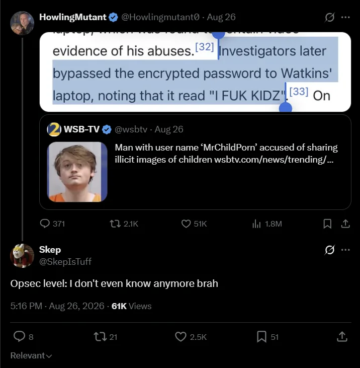 Tweet 'Opsec level: I don't even know anymore brah' quoting a news post about a suspect's revealing username