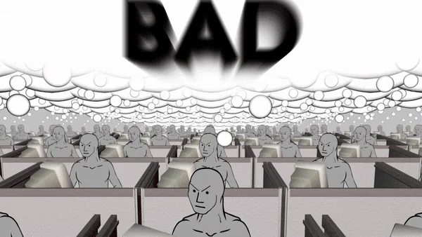 Orange Man Bad — Black and white drawing of identical NPC figures in rows with large 'BAD' text overlay.