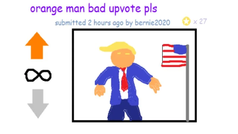 Orange Man Bad — Cartoon caricature of Trump in blue suit with exaggerated orange hair and red tie.