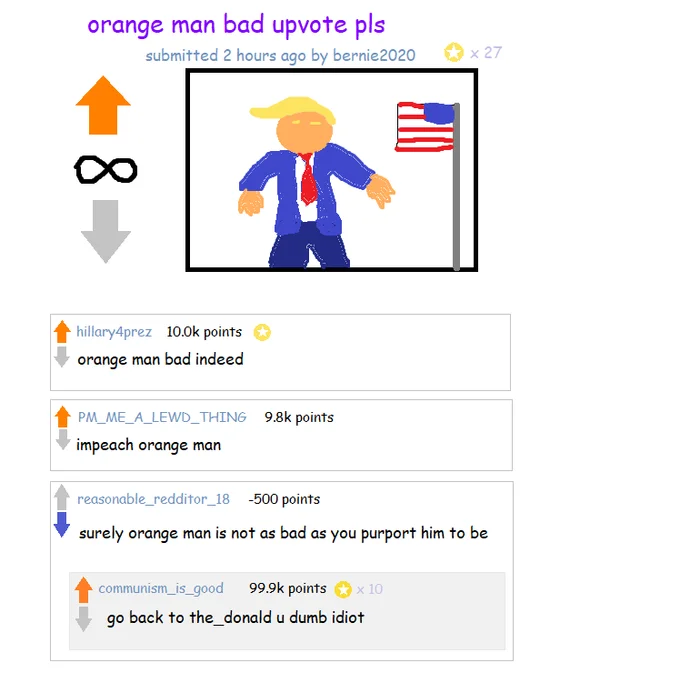 Reddit post featuring cartoon Trump caricature titled 'orange man bad upvote pls.'