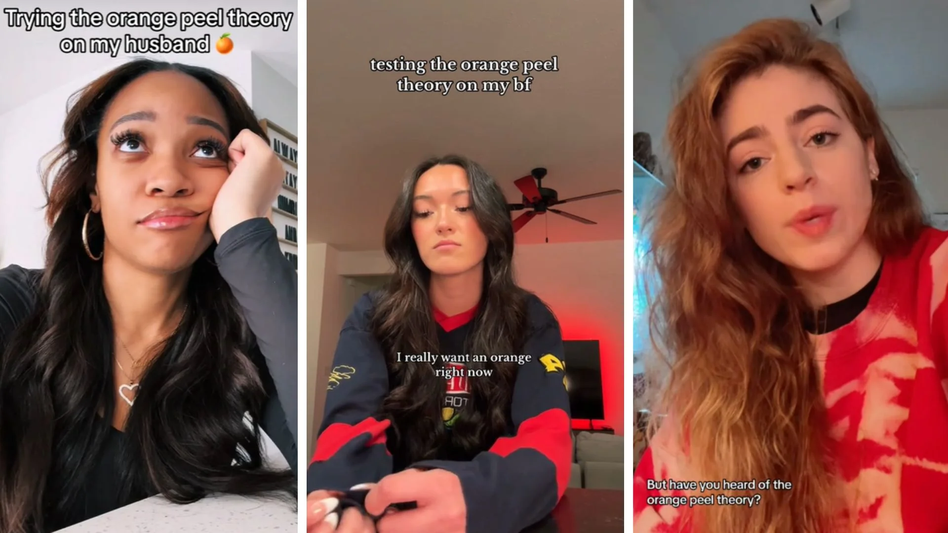 Three-panel collage of TikTok creators discussing the orange peel theory relationship test