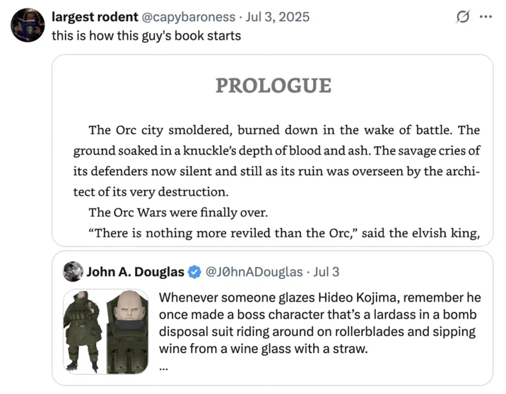 Twitter screenshot sharing The Black Crown prologue about Orc city smoldering after battle.
