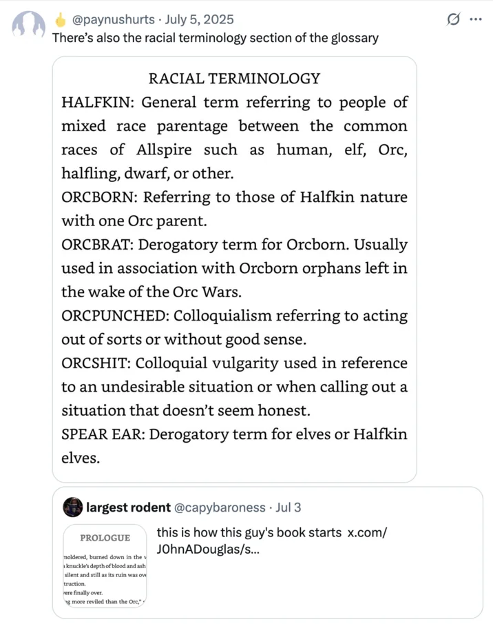 Orc City — Screenshot of The Black Crown's invented fantasy slurs including HALFKIN and ORCBRAT terms.
